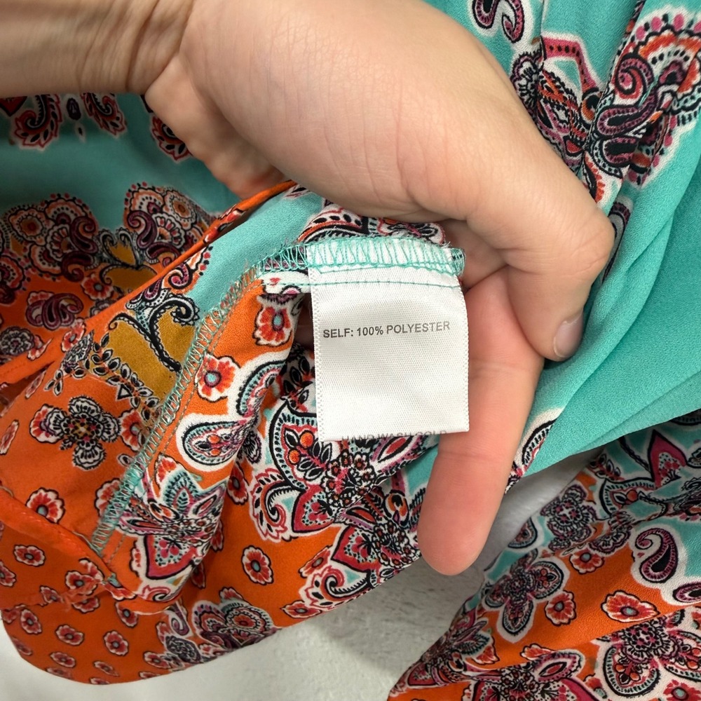 Rose + Olive Womens 2X Teal Orange Paisley Floral Boho Pintuck Blouse Top - Picture 4 of 8